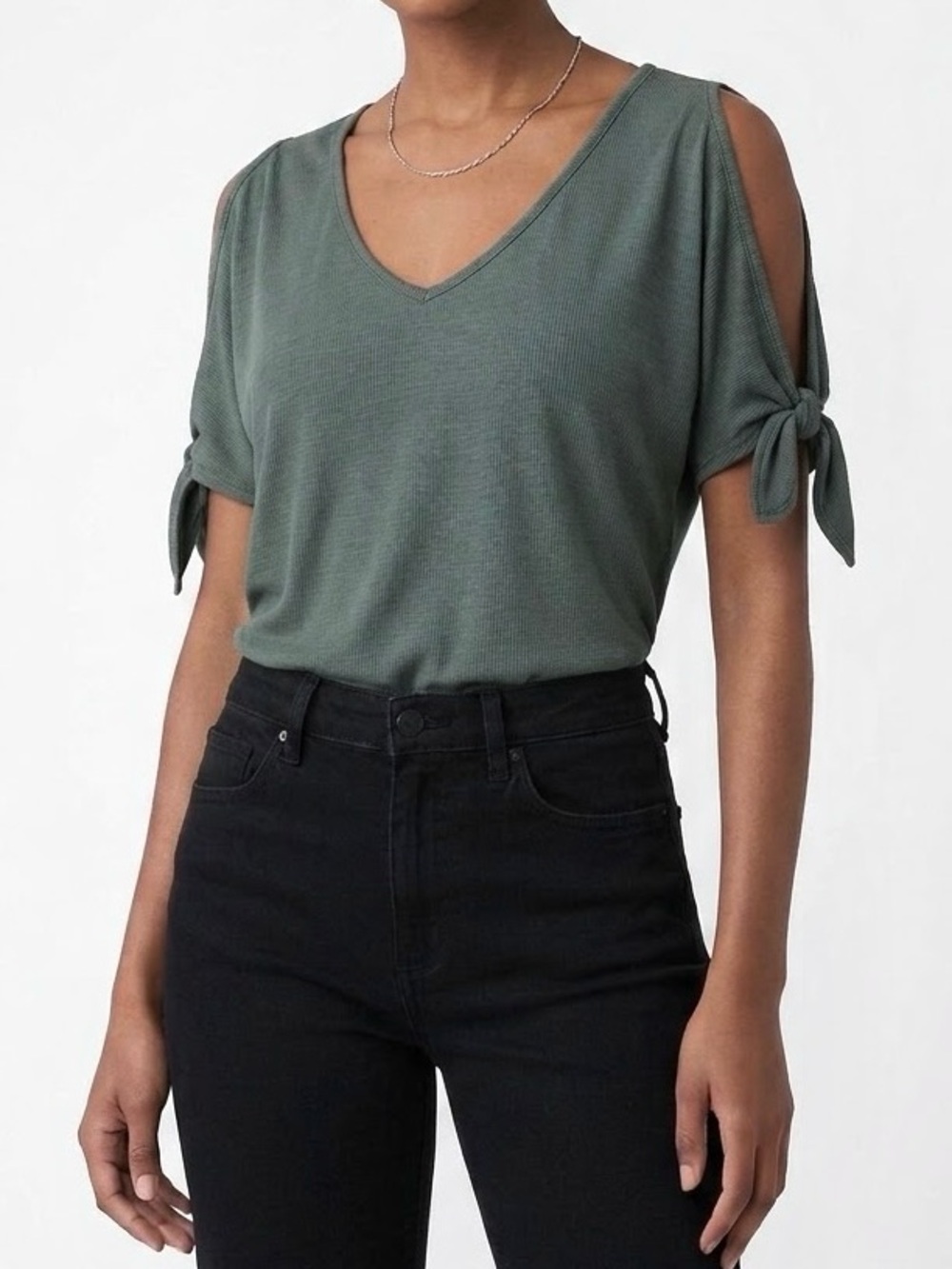 Green Envelope Teal Green Knit Tie Sleeve Cold Shoulder Curved Hem V-Neck Top XS